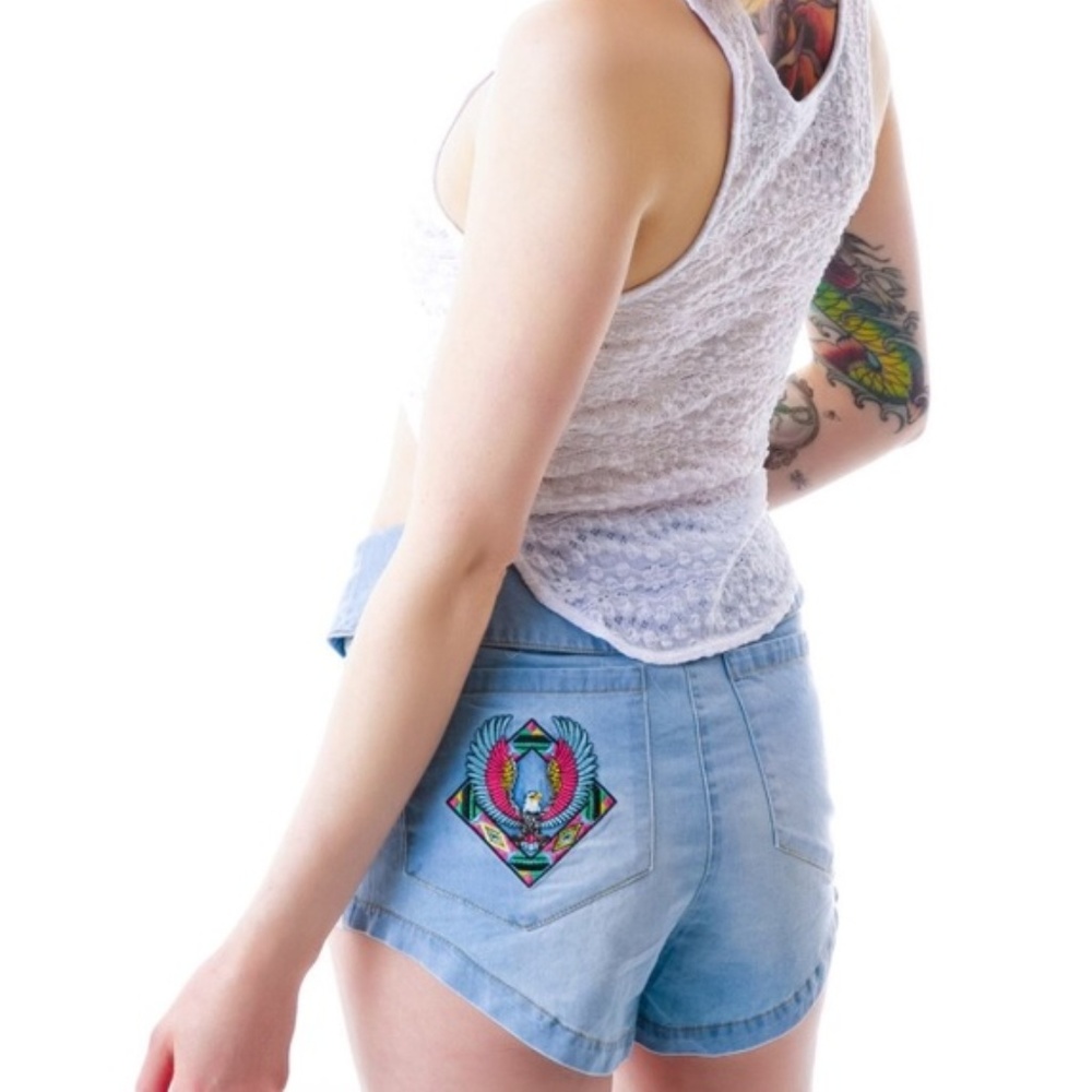 Rare ONE TEASPOON Bobby Denim Chambray High Waist Embroidered Eagle Shorts